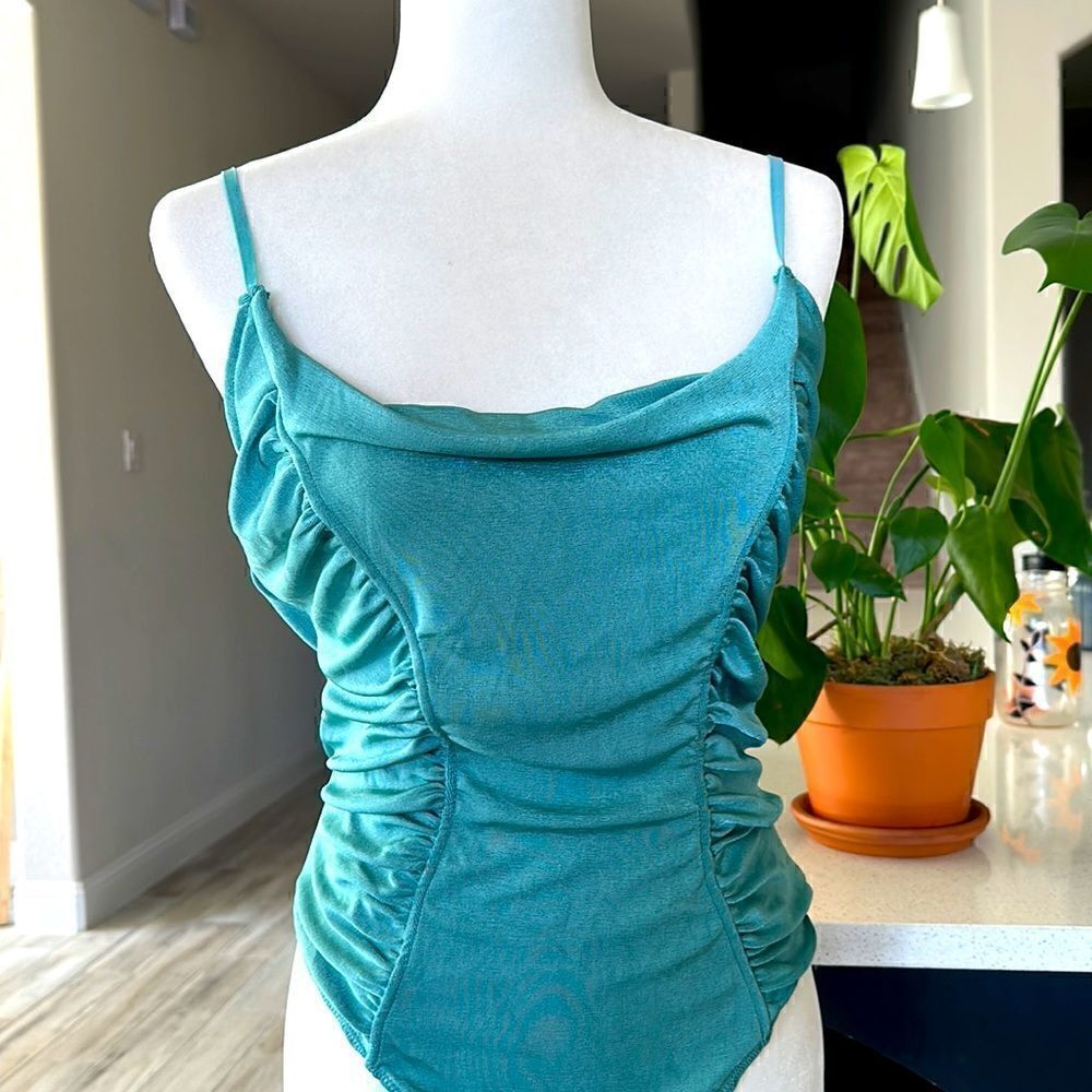 NWOT Free People Bodysuit Teal Loose Fit Ruched Tank S Stretchable Retro Thong